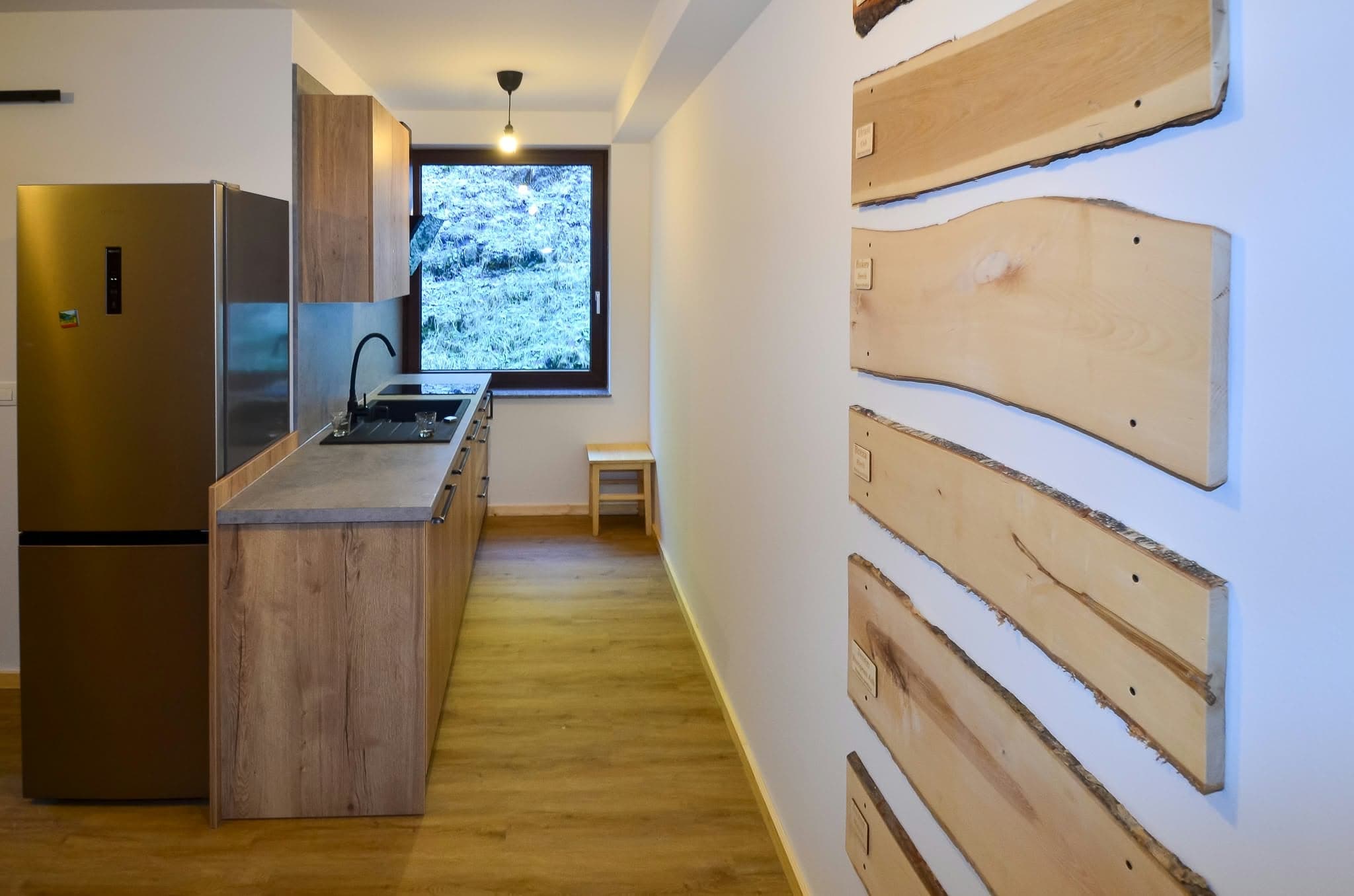 Apartma 1: Kuhinja z lesenimi elementi in okrasno steno iz lesa